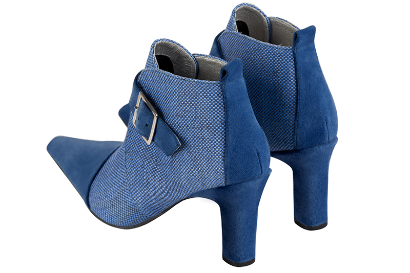 Women's electric blue elegant ankle boots, with buckles at the front. Tapered toe. High kitten heels - Rear view
